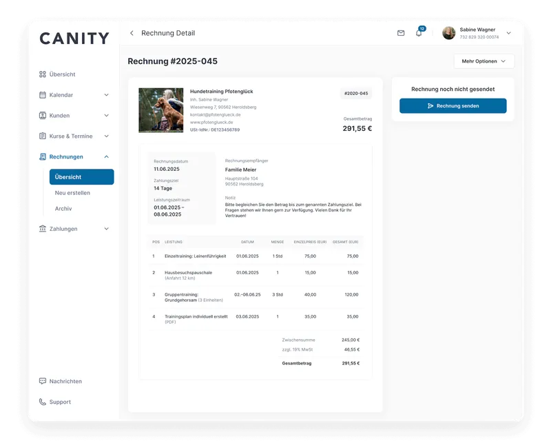 Screenshot der Canity Rechnungserstellung mit automatischer Datenübernahme