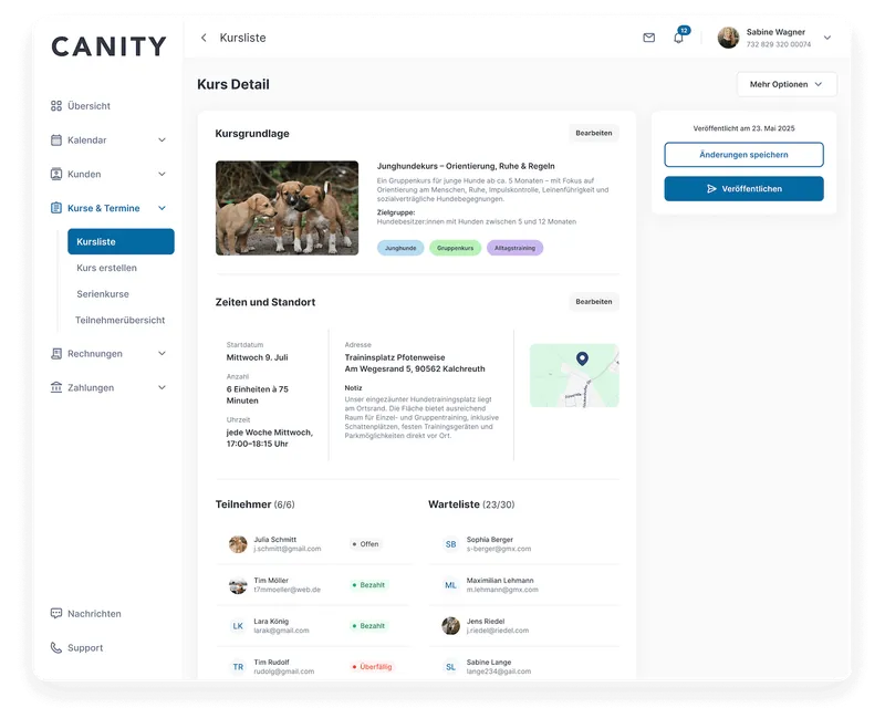 Screenshot der Canity Kurserstellung mit Formularfeldern für Kursdetails