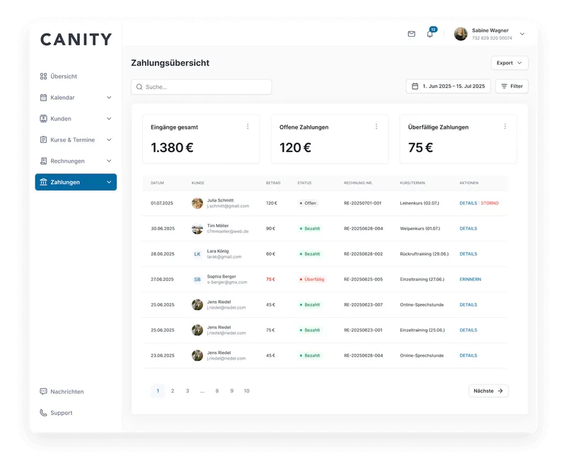 Screenshot der Canity Zahlungsabwicklung mit verschiedenen Zahlungsmethoden