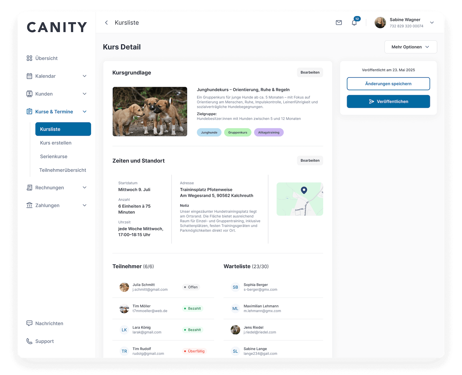 Screenshot der Canity Kurserstellung mit Formularfeldern für Kursdetails